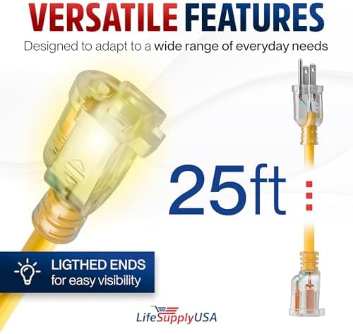 25ft Outdoor/Indoor Extension Cord 14/3 Gauge Heavy Duty 3 Prong SJTW, Waterproof, Flexible Cold-Resistant Long Power Cord,15A 125V 1625 W, Yellow by LifeSupplyUSA - Image 6
