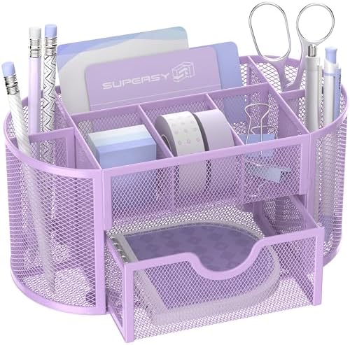 Mesh Desk Organizer with Drawer, 9-Compartment Pen Holder for Desk, Purple by SUPEASY