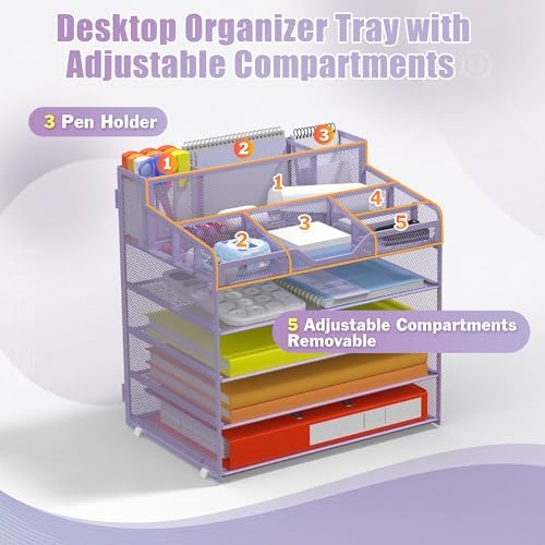 Docnest 5 Tier Mesh Desk Organizer with Letter Tray & Paper Sorter, Purple - Image 5