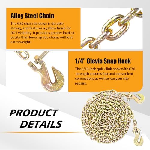 1/4" Tow Chain | WLL 3,300 Lbs | 16FT High Strength Chain G80 Heavy Duty Log Chain with Clevis Grab Hooks for Towing | Trailer Transport Safety Chain for Truck Tie Down Binding Equipment - Image 3