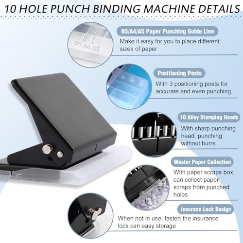 10 Hole Punch Binding Machine for Planner, Metal Binder Machine Kit with 10Pcs Plastic Comb Binding Spines & 30Pcs Loose Leaf Binder Rings, Binder Hole Puncher for A4, A5 and B5 Paper - Image 5