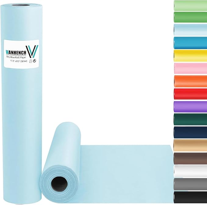 Vanhench 17.5"×963" Blue Wrapping Paper, Sky Blue Kraft Paper Roll by Vanhench