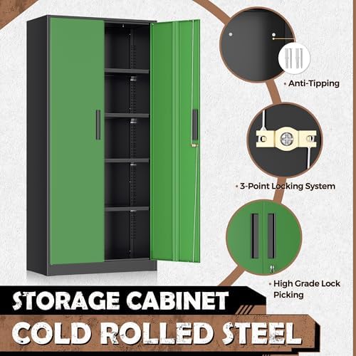 INTERGREAT Metal Lockable Storage Cabinet, 72” Storage Cabinet with 2 Doors and 4 Adjustable Shelves for Office, Home, Garage, Pantry (Black Green) - Image 4
