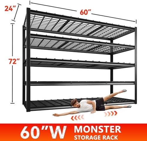 REIBII 60" W Garage Shelving Heavy Duty Metal Shelving 3000LBS Storage Shelves Adjustable Metal Shelves for Industrial 5 Tier Garage Shelves for Basement Pantry Warehouse 60" W x 24" D x 72" H 2 Pack - Image 3