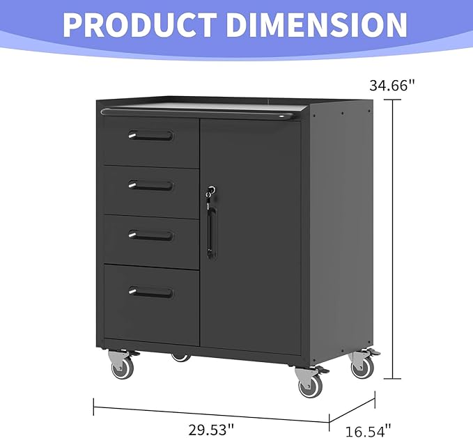 Metal Garage Storage Cabinet on Wheels, Lockable Rolling Tool Cabinet - Image 3