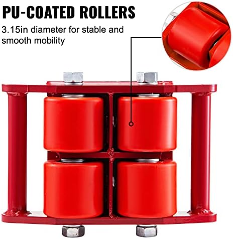 VEVOR Machinery Skate Dolly, 4-Piece Set, 6-Ton/13,200 lb Capacity, Carbon Steel Mover with 360° Rotation Cap, 4 PU Rollers, Heavy Duty for Industrial Use, Red - Image 4