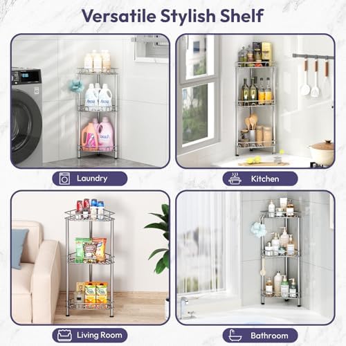 SWTYMIKI Standing Shower Caddy Corner - 3‑Tier Stainless Steel Shower Organizer Shelf with 12 Hooks and Adhesive Pads, Rustproof Corner Shelves Stand Rack for Bathroom Shower Room, Silver - Image 6