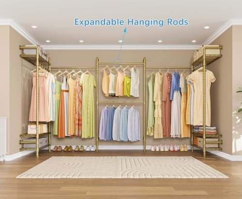 Timate L2 Wall Mounted Clothes Rack Industrial Pipe Clothing Rack for Hanging Clothes, Adjustable Expandable Garment Rack Heavy Duty Closet Organizer, Gold Mounted Closets Industrial Closet System - Image 3