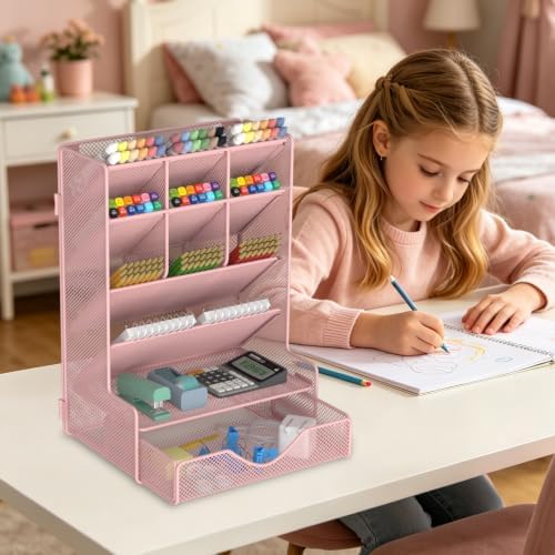 BOHDK Pen Organizer for Desk, Multi-Functional Desk Organizer, Wall Mount Pen Holder with Drawer for School, Office, Home, Art Supplies, Pink - Image 5