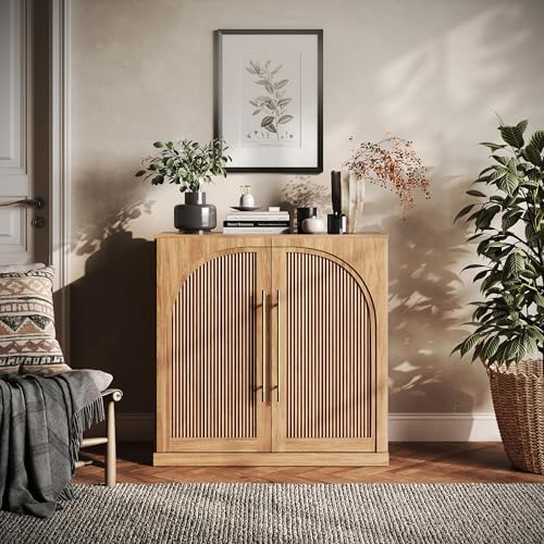 BELLEZE 3 Tier Bookshelf with Double-Arc Door, Modern Bookcase Shelf with Storage and Adjustable Shelves, Arched Buffet Wood Bookshelves for Living Room Office Entryway (Camel) by BELLEZE