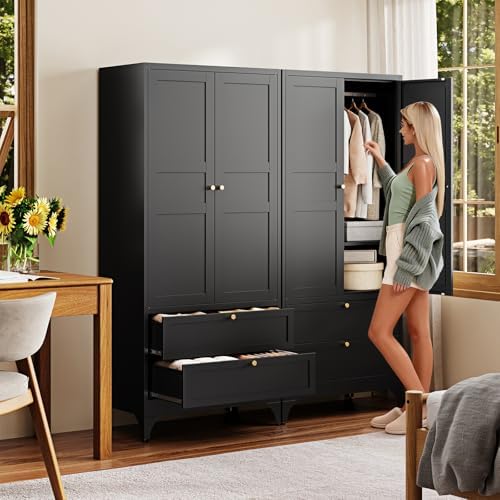 Letaya Metal Armoire Wardrobe Closet with Drawers,Clothing Storage Cabinet with Doors and Shelves,Coat Closet with Hanging Rod,Bedroom,Home,Cloak Room,Black-71 H x 32" W x 18" D - Image 6