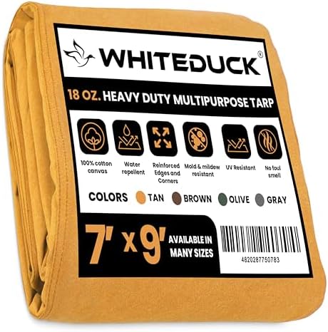 WHITEDUCK 7'x9' Canvas Tarp 18 oz/37 Mil Heavy Duty Water Repellent UV Resistant, Rustproof Grommets, Industrial & Commercial Use Cloth Tarp (Finished Size: 6'6" x8'6", Tan) by WHITEDUCK