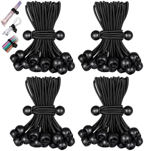 100 Pack Tarp Bungee Cords with Balls, 6 Inch Ball Bungee Cords Elastic Tarp Tie Downs Straps Heavy Duty Outdoor Canopy Tent Tie Downs for Camping, Travel, Luggage, Tent Poles with UV Resistant, Black by Unknown