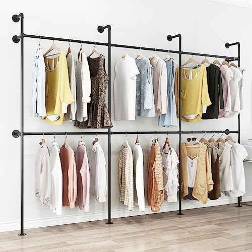 ORSENIGO Industrial Pipe Clothing Rack, Heavy Duty Metal Clothes Rack with Double Rods for Hanging Clothes, Wall Mount Space-Saving Garment Display Rack - Image 3