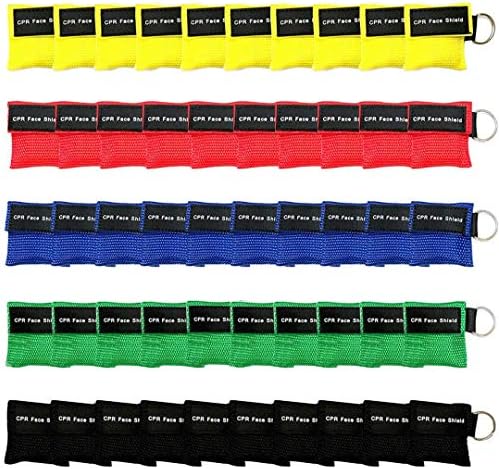 Set of 50 CPR Mask, Disposable CPR Shield Mask Emergency Mask Key Chain Ring ,with One-Way Valve Breathing Barrier for First Aid or AED Training (Colorful-50PCS) by Yzpacc