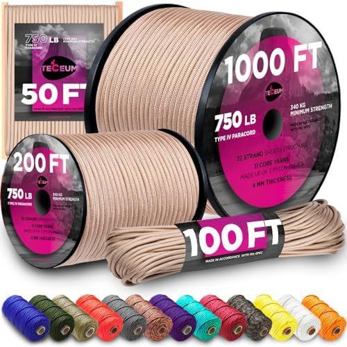 Paracord Rope 550 lb 4mm – Parachute Cord – Utility Camping Rope by TECEUM