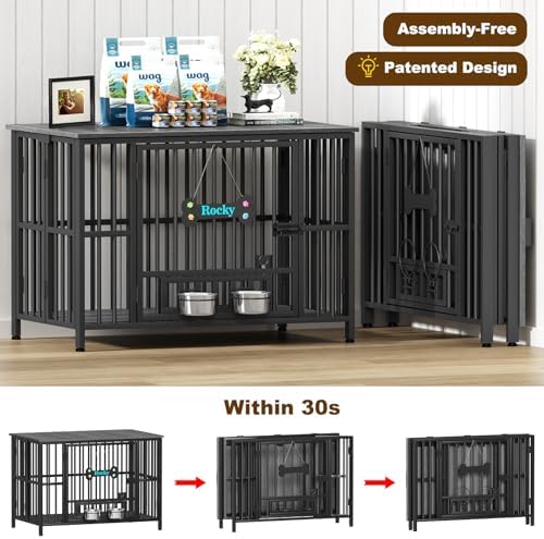 Easycom 41" Dog Crate Furniture Foldable, No Assembly Decorative Dog Kennel Indoor, Dog Crates for Large Dogs(35-60 lb), Wooden Dog Cage with Adjustable Bowls and Name Tag, End Table, Dark Grey - Image 2