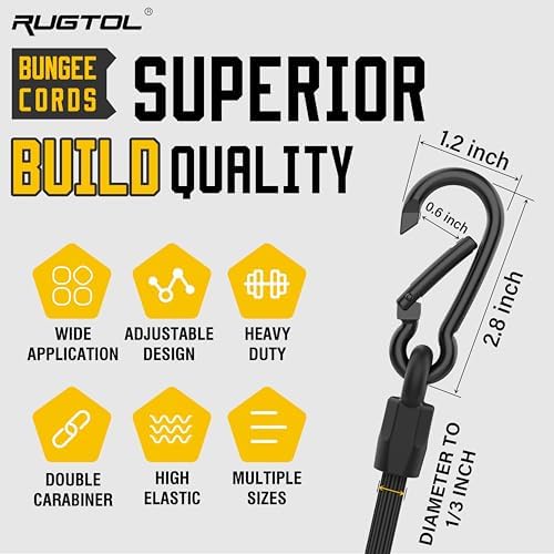 Rugtol Bungee Cords with Hooks, Upgrade 12pcs Assortment Heavy Duty Outdoor with 48'' Adjustable Bungee Cords Carabiner Black, 6'' Canopy Tarp Ball Ties and Tarp Clips for Tents, Cargo, Camping - Image 5