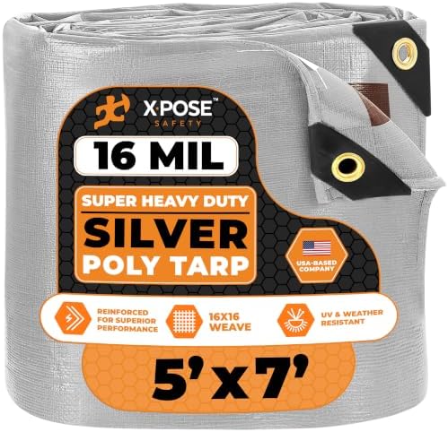 5' x 7' Super Heavy Duty 16 Mil Silver/Brown Poly Tarp Cover - Thick Waterproof, UV Resistant, Rip and Tear Proof Tarpaulin with Grommets and Reinforced Edges - by Xpose Safety by XposeSafety
