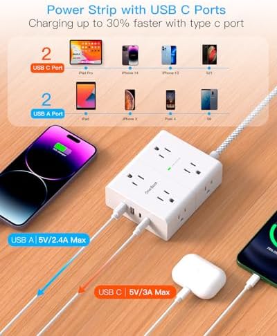 Extension Cord 15 Ft, Flat Plug Surge Protector Power Strip 15 Ft Long Cord - Image 5
