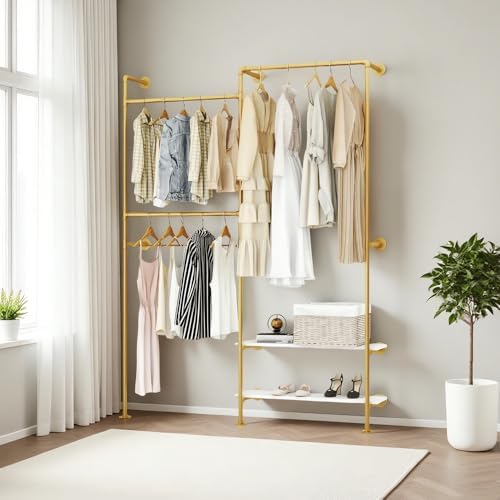 KaKaBB Gold Pipe Clothing Rack, Double Hanging Rods Clothes Rack with Shelves, Heavy Duty Wall Mounted Clothes Rack for Wardrobe, Bedroom, and Walk-in Closet System(Gold) by KaKaBB