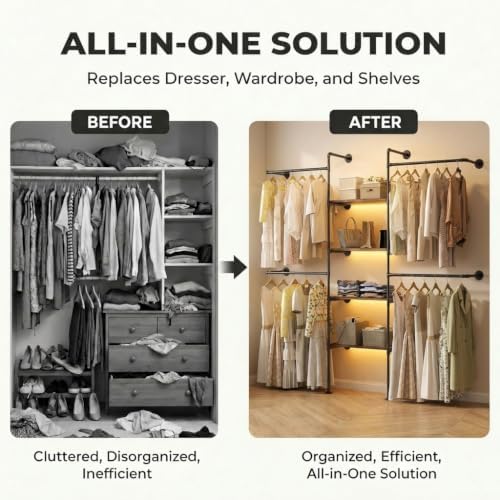 Industrial Pipe Clothing Rack with LED & Shelves - Image 5
