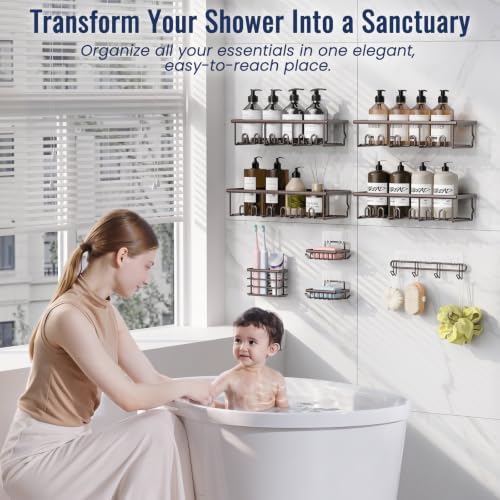 8 Pack Adhesive Bathroom Holders & Dispensers for Kids & Adults, Brown - Image 4