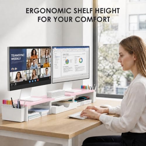 OPNICE Desk Organizers and Accessories, Dual Monitor Stand Riser with Drawer and 2 Pen Holders, Desk Shelf Computer Racks for Office Workspace Organizers, Desktop Organization (Pink-White) - Image 2