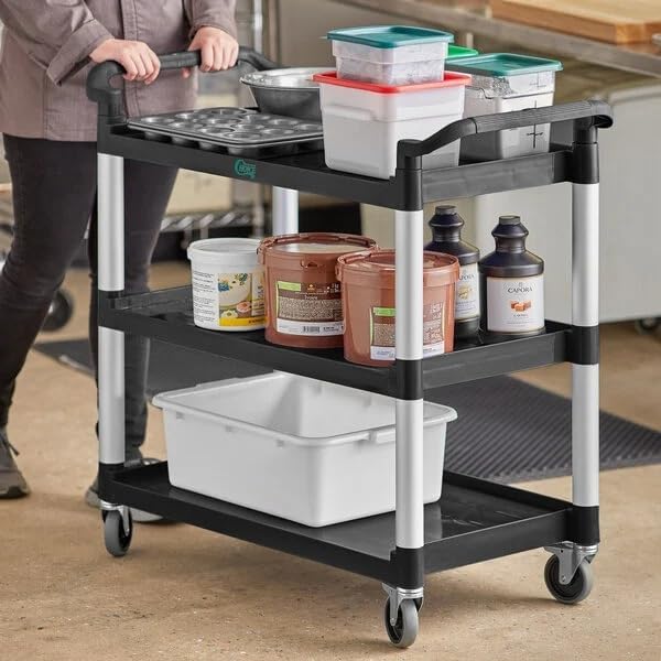 Black 3-Shelf Utility Bus Cart, Plastic Construction, 32 x 16 Inches, 300 lb - Image 2