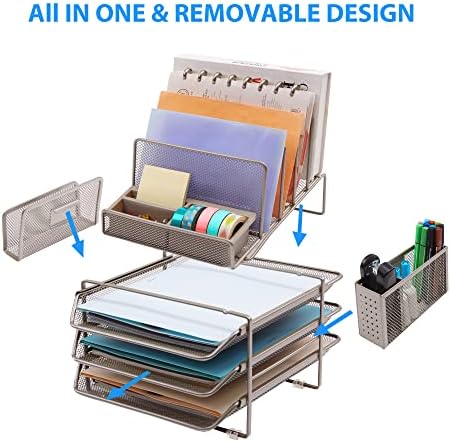 DESIGNA Stackable Mesh Desk Organizer with 3 Sliding Letter Trays 4 File Holders 2 Side Compartments & Pencil Holder Non-slip All In One Desktop Accessories Organizers Office Storage, Champagne - Image 5