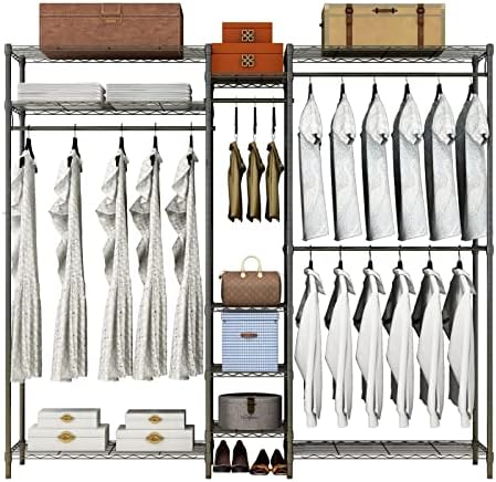 XIOFIO Heavy Duty Wire Garment Rack, Metal Clothing Rack with 4 Hanging Rods and 9 Shelves, Freestanding Open Wardrobe Organizer for Hanging Clothes , 68.5"L x 16.5"W x 76.7"H Max Load 800LBS, Black by XIOFIO