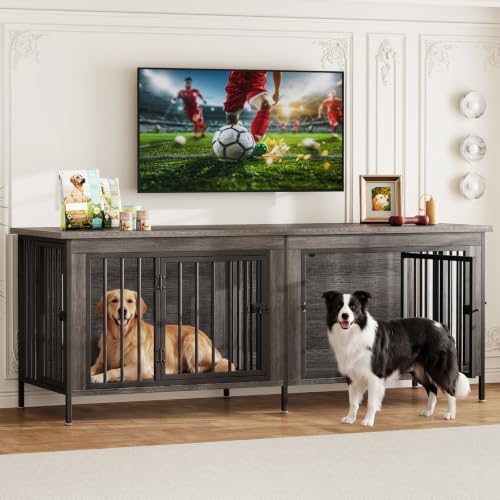 DUMOS 63" Dog Crate Furniture for 2 Dogs with Divider, Gray Wood Grain by DumosLifestyle