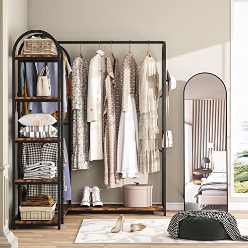 Tribesigns L-Shaped Garment Rack with Shelves, Heavy Duty Corner Clothes Rack with Coat Hooks, Anti-toppling Device, Cloth Hanger Standing Clothing Racks for Hanging Clothes, Rustic Brown - Image 2
