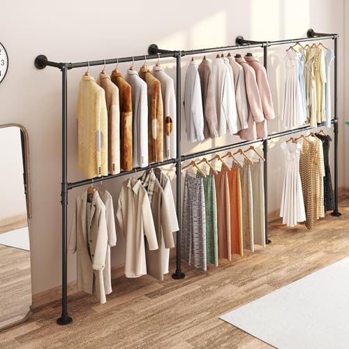 KELIXU 114.4" Industrial Pipe Clothing Rack for Wall Adjustable Height Wall Mounted Clothes Rack for Hanging Clothes, Heavy Duty Walk in Closet Systems, Garment Racks with Double Rods (Three, Black) - Image 6