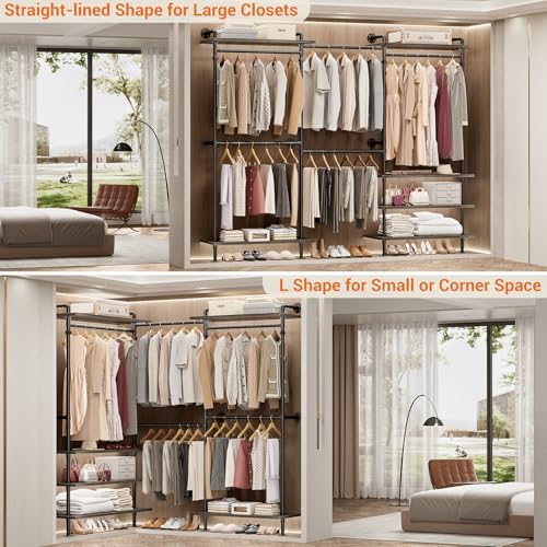 Aheaplus Industrial Pipe Clothing Rack, Expandable Garment Rack, Closet System with Wood Shelves for Hanging,Wall Mounted Clothing Rack, Adjustable Storage Wardrobe for Walk in Closets, Black Oak - Image 4