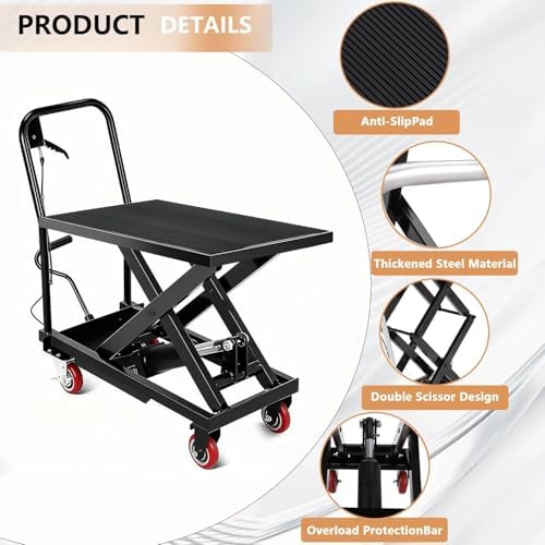 1100 LBS Manual Hydraulic Double Scissor Lift Table Cart, Max 28.5 Inch Lifting Height, Reinforced Welded Steel Frame, Anti-Overload Hydraulic Unit, Non-Slip Rubber Platform Mat - Image 4
