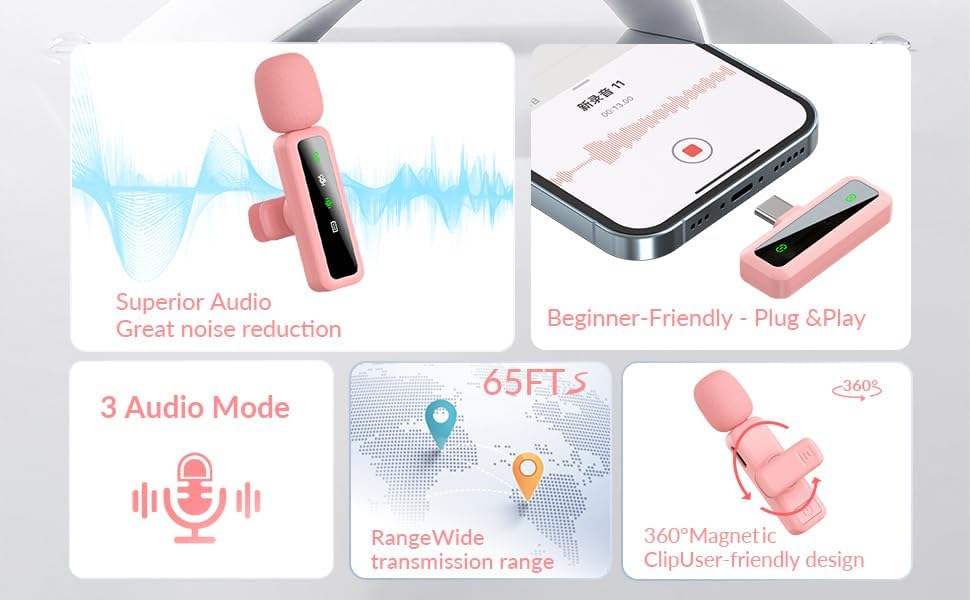 Wireless Lavalier Mic for iPhone, Android, PC, Live Stream, Vlog (pink) - Image 3