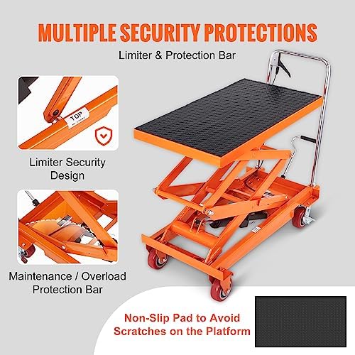 VEVOR TFD35 Hydraulic Lift Table Cart, 770lbs Capacity 59" with 4 Wheels and Non-Slip Pad, for Material Handling and Transportation, Orange - Image 5