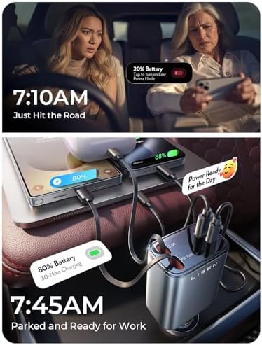 LISEN Retractable Car Charger, [2026 Upgrade 50 inch ] Long 4 in 1 Retractable Cable Car Charger, USB C Car Charger Fast Charging for iPhone 17 16 15 14 13 12 11 X Pro Max Plus Mini, Samsung S26 - Image 5
