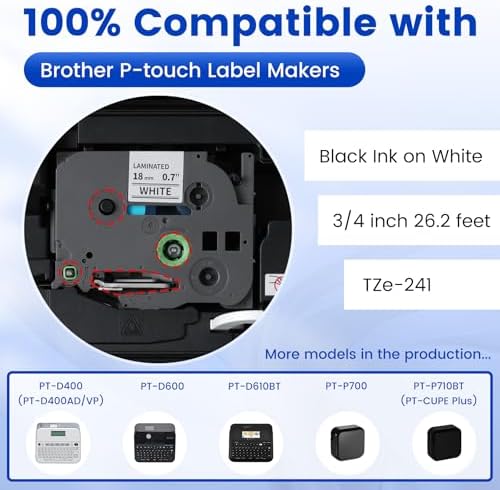6-PK Replace for Brother P-Touch Label Tape 18mm .7 White Laminated TZe-241 - Image 2