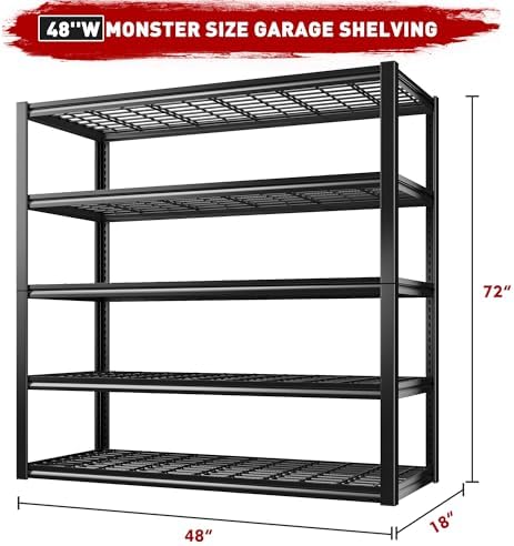 REIBII 48" W Garage Shelving Heavy Duty Load 2500LBS, 5 Tier Storage Shelves, Adjustable Metal Shelves for Warehouse, Pantry, Basement, 48" W X 72" H X18 D, 4PC - Image 3