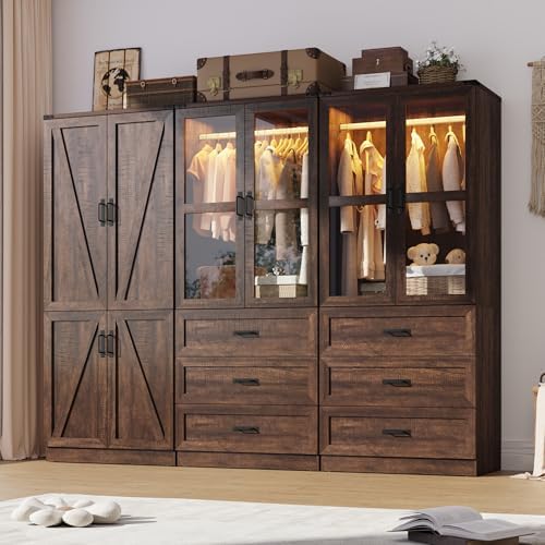 Hlivelood 75" Tall Farmhouse 6 Doors Armoire Wardrobe Closet with 6 Drawers and LED,Freestanding Closet Wardrobe Cabinet for Bedroom with Hanging Rod,Wooden Armoire Storage Cabinet(Brown 6 Doors 2) by Hlivelood
