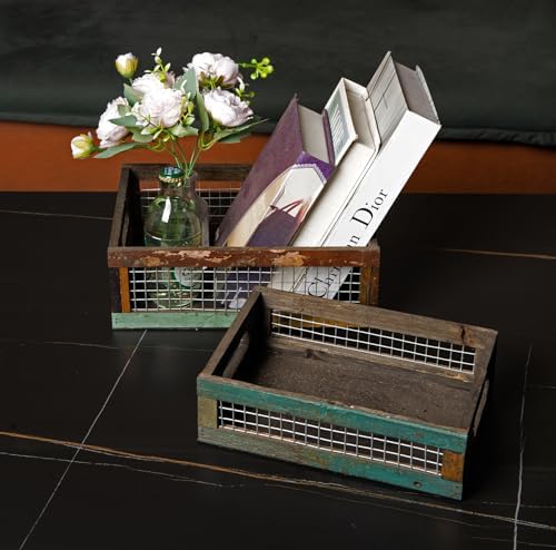 TIMRIS Set of 2 Rustic Wooden Countertop Baskets, Farmhouse Distressed Nesting Boxes, Small Decorative Wooden Storage Crates, Reclaimed Wood Organizer Baskets with Wire Mesh (Random) - Image 6
