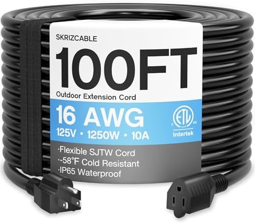 16/3 100 Ft Outdoor Extension Cord Waterproof, Weatherproof & Flame Retardant Black 3 Prong Power Cord Outside for Lawn & Garden, 16AWG 10A 1250W 125V SJTW ETL Listed by Skrizcable