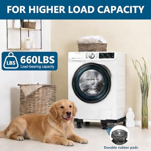Adjustable Mobile Base (4 Locking Wheels + 4 Support Feet) - Heavy Duty 660lbs Load Stand for Washer, Dryer, Refrigerator, Furniture | 24-31" Telescopic Dolly Cart with Anti-Slip Pads (Black) - Image 4