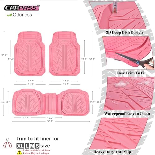 CAR PASS DeepDish Pink Floor Mats for Cars Full Set,Heavy Duty Rubber Car Mats 3-Piece,Universal Waterproof Trim-to Fit Automotive Floor Mats for Truck Van SUV, Durable All-Weather Car Mats (Pink) - Image 2