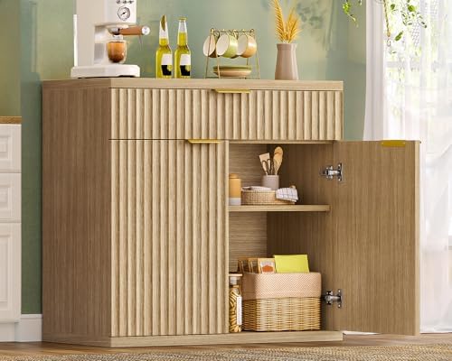 TEENFON 31.5" W Fluted Buffet Cabinet with Storage, Sideboard Cabinet, Coffee Bar Cabinet with 2 Doors and Adjustable Shelf for Living Room, Kitchen, Entryway, Natural by TEENFON