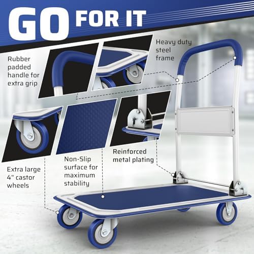 Heavy Duty Foldable Push Cart Dolly | 330 lbs. Capacity | Upgraded Collapsible Hand Truck Folding Platform with Swivel Wheels | Flat Bed Moving Wagon | Space Saving Push Handle (Blue) - Image 3