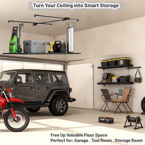 4×8 ft Heavy Duty Overhead Garage Storage Rack, 661 lbs Capacity with Safety Lock,Ceiling Mounted Storage Shelf, Steel Garage Ceiling Organizer for Garage, Basement, Warehouse (Black) - Image 6