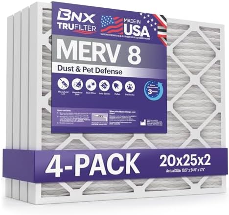 BNX TruFilter 20x25x2 Air Filter MERV 8 (4-Pack) - MADE IN USA – Dust & Pet Defense Electrostatic Pleated Air Conditioner HVAC AC Furnace Filters for Dust, Pet, Mold, Pollen MPR 600 – 700 & FPR 5 by BNX